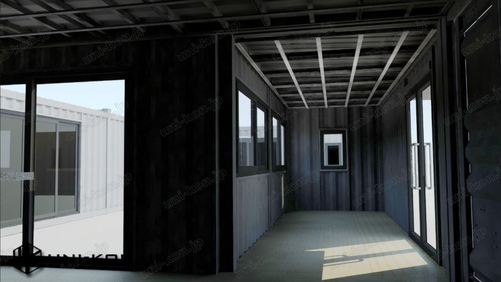 検討用パース画像：事務所・オフィス用連棟コンテナハウスの内部（内装前）、20フィート＝玄関・接客室