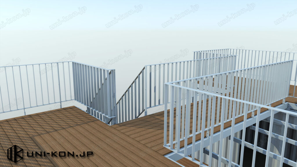 屋上デッキ付きコンテナハウス検討CG図：屋上デッキと階段