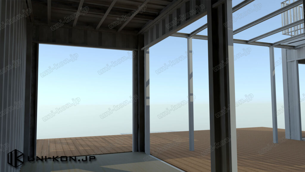 屋上デッキ付きコンテナハウス検討CG図：室内視角
