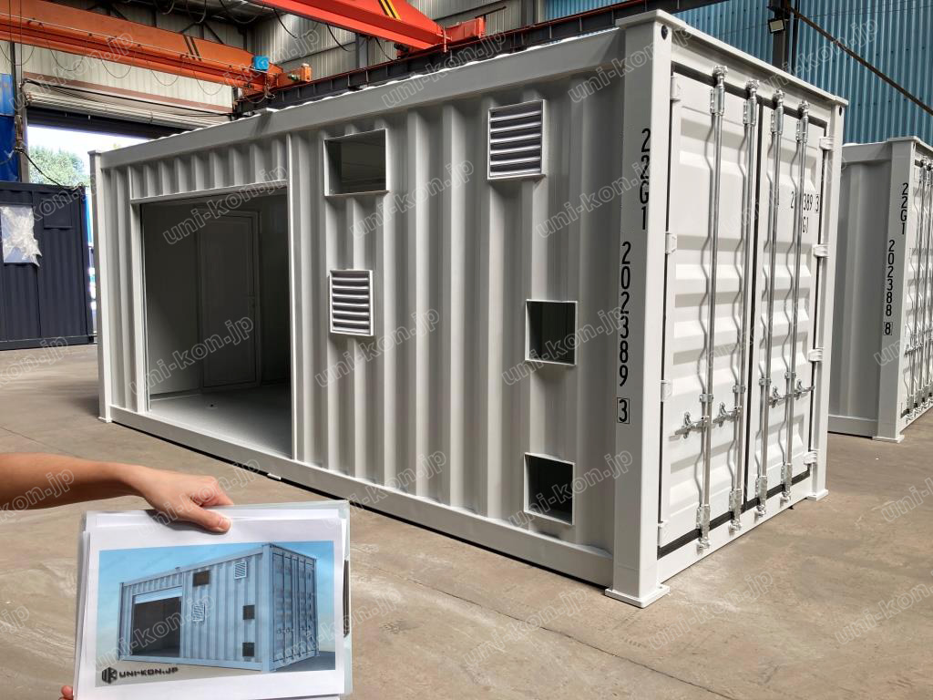 発電設備搭載用コンテナハウス実物・パース対比1