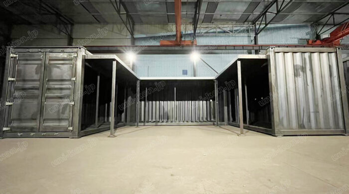 「コ」型配置のコンテナハウスと廊下庇、仮組検査時1 「コ」型配置のコンテナハウスと廊下庇、仮組検査時1