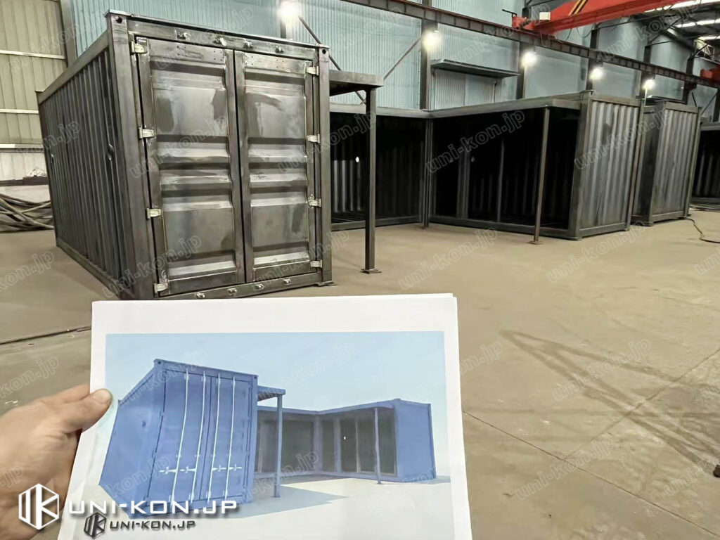 廊下庇付きコンテナハウス、実物とパース画像