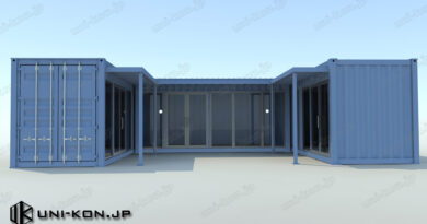 「コ」型配置中庭付き廊下庇付きコンテナハウス