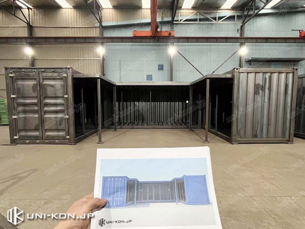 廊下庇付きコンテナハウス、実物とパース画像