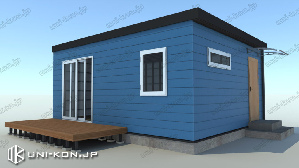 サイディング外壁コンテナハウス、完成イメージ例①（レイアウト、連棟台数、建具開口位置は全カストマイズ可）