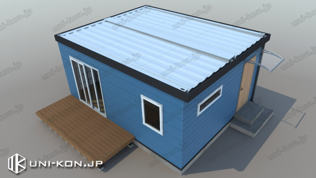 サイディング外壁コンテナハウス、完成イメージ③（レイアウト、連棟台数、建具開口位置は全カストマイズ可）