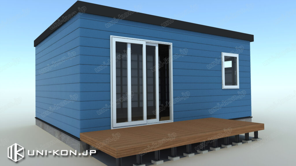 サイディング外壁コンテナハウス、完成イメージ②（レイアウト、連棟台数、建具開口位置は全カストマイズ可）