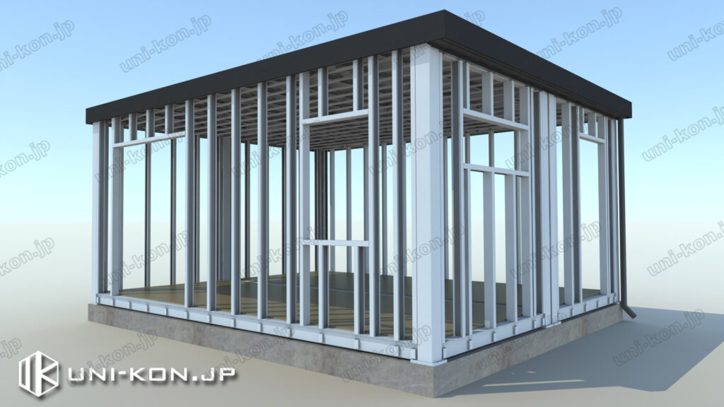 サイディング外壁コンテナハウス、製品イメージ①（レイアウト、連棟台数、建具開口位置は全カストマイズ可）
