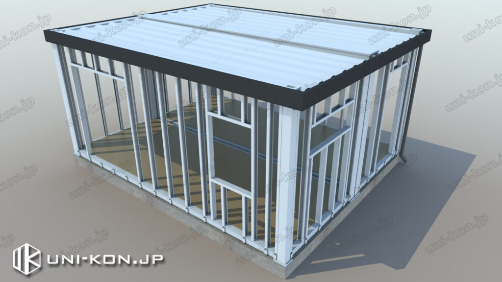 サイディング外壁コンテナハウス、製品イメージ②（レイアウト、連棟台数、建具開口位置は全カストマイズ可）