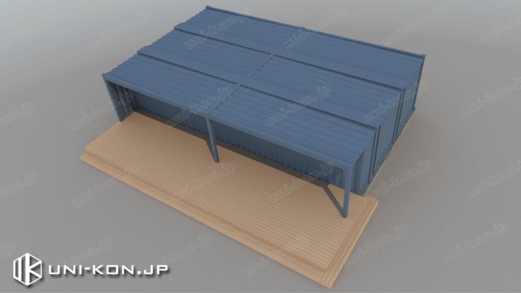 深軒コンテナハウス-鳥瞰図、屋根と一体となる頑丈な深軒
